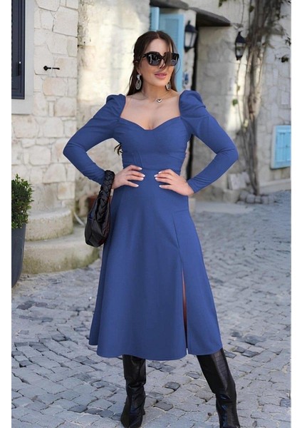 Kadın Uzun Kollu Göğüs ve Sırt Dekolteli Krep Midi Boy Elbise modelleri