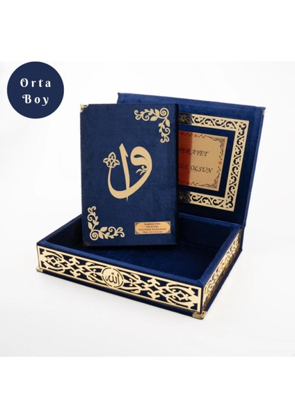 Raşel Kutulu Hediyelik Kuran-I Kerim (Orta Boy, Lacivert, Elif-Vav Gold Pleksi) modelleri