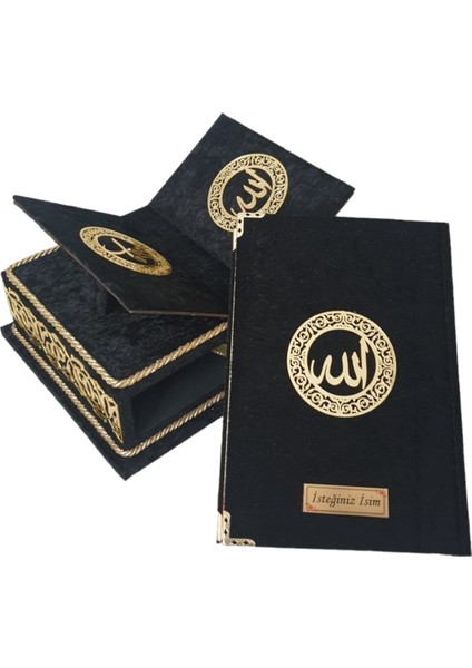 Masa Üstü Rahleli Kadife Kaplı Sandıklı Kuranı Kerim Seti - Rahiya Serisi Siyah