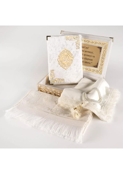 Şal + Seccade + Tesbih + Kuran Hediye Seti (Orta B. Şems Lafzatullah Gold Pleksi Raşel Kutu, Krem)