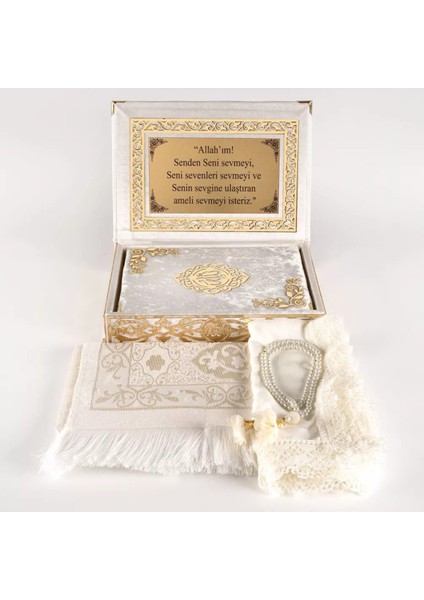 Şal + Seccade + Tesbih + Kuran Hediye Seti (Orta B. Şems Lafzatullah Gold Pleksi Raşel Kutu, Krem) fiyatları
