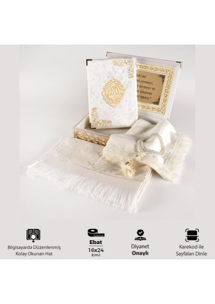 Şal + Seccade + Tesbih + Kuran Hediye Seti (Orta B. Şems Lafzatullah Gold Pleksi Raşel Kutu, Krem) modelleri