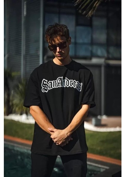 Unisex Bisiklet Yaka Baskılı Oversize T-Shirt - Siyah modelleri