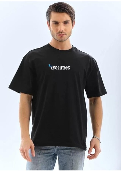 Unisex Bisiklet Yaka Baskılı Oversize T-Shirt - Siyah
