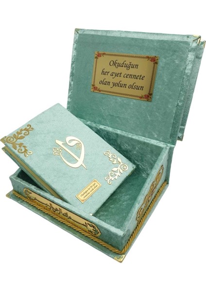 Hediye Kuranı Kerim Seti Rahleli Kadife Kutulu Su Yeşili modelleri