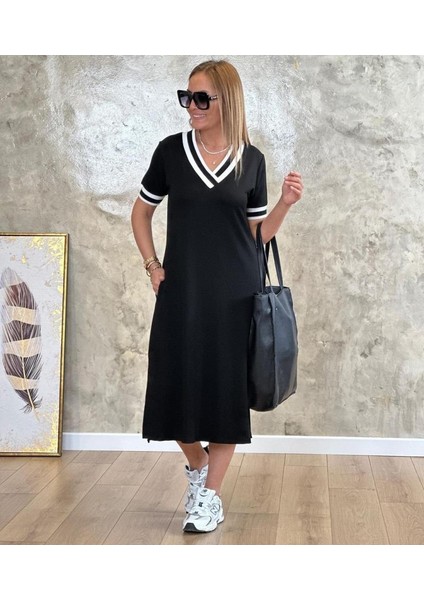 Kadın Kısa Kollu V Yaka Kol ve Yaka Ribana Detay Midi Boy Viskon Elbise indirimleri