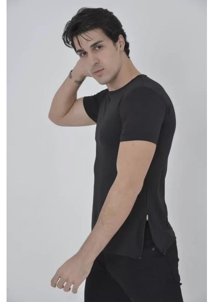Erkek Yandan Fermuarli Slim Fit T-Shirt - Siyah