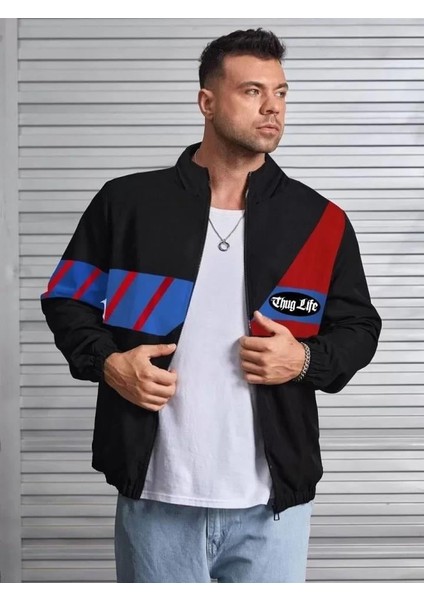 Unisex Uzun Koll Fermuarlı Baskılı Rüzgarlik - Siyah