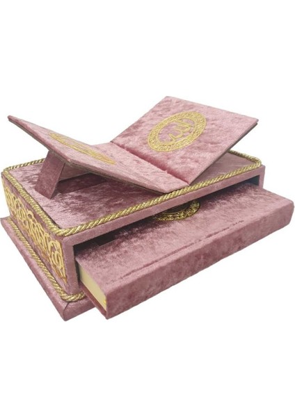 Masa Üstü Rahleli Kadife Kaplı Sandıklı Kuranı Kerim Seti Rahiya Serisi Gül Kurusu