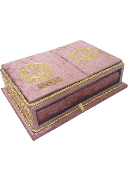 Masa Üstü Rahleli Kadife Kaplı Sandıklı Kuranı Kerim Seti Rahiya Serisi Gül Kurusu modelleri