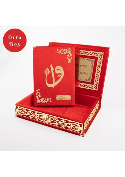 Tesbih + Kuran Hediye Seti (Orta Boy, Kırmızı, Gold Pleksi) modelleri