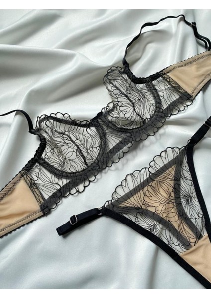 Siyah Ten-Bej Rengi Dantelli Brode Iç Çamaşır Takımı Bralette (Balenli Sütyen &tanga)Fantezii Giyim, Seksii fiyatları