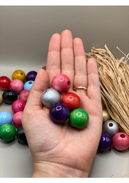 22 mm Ahşap Boncuk (50 Gram 14 Adet) Dar Delik Çapı 5 mm Makrome Çanta Bileklik Takı Renkli fiyatları
