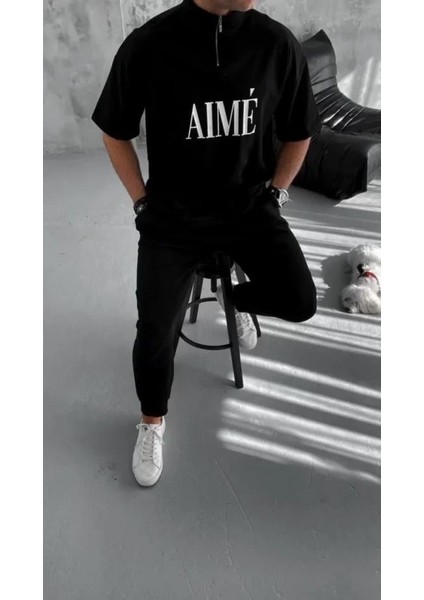 Unisex Yarım Fermuarlı Baskılı T-Shirt - Siyah modelleri