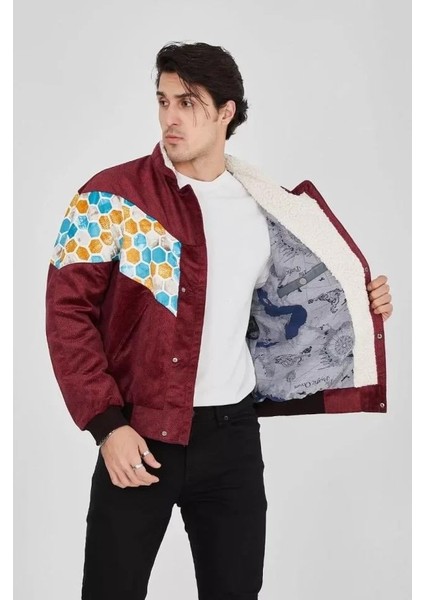 Erkek Içi Astarlı Içten Yaka Kısmı Peluşlu Beyaz Şeritli Vintage Ceket - Mürdüm fırsatları