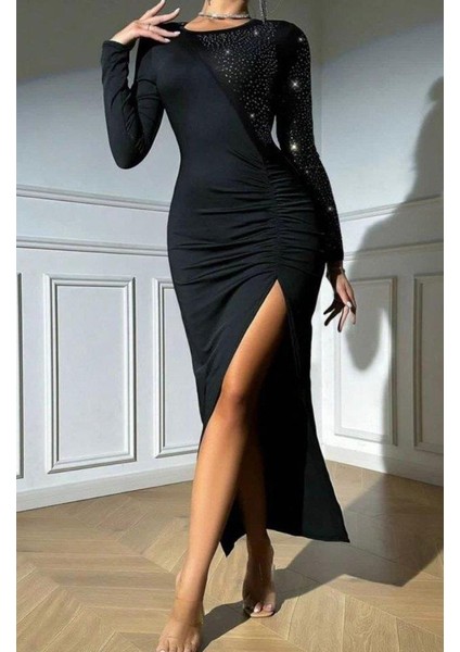 Kadın Krep Dalgıç Kumaş Taş Aksesuarlı Yırtmaç Detaylı Uzun Kollu Elbise indirimleri