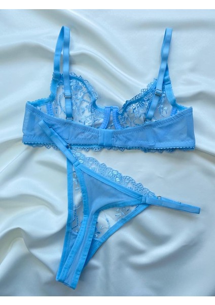 Büyük Beden Açık Bebe Mavisi Dantelli Brode Iç Çamaşır Takımı Bralette (Balenli Sütyen &tanga)
