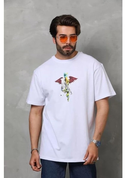 Unisex Bisiklet Yaka Baskılı Oversize T-Shirt - Beyaz modelleri