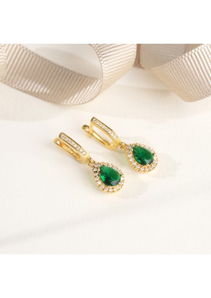 925 Ayar Sarı Altın Kaplama Damla Zümrüt Taşlı Gümüş Küpe