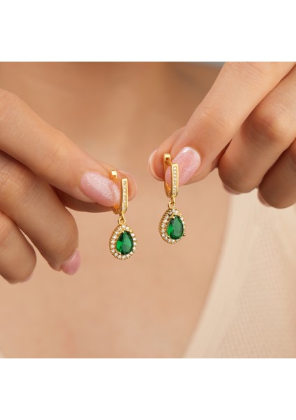 925 Ayar Sarı Altın Kaplama Damla Zümrüt Taşlı Gümüş Küpe fiyatları