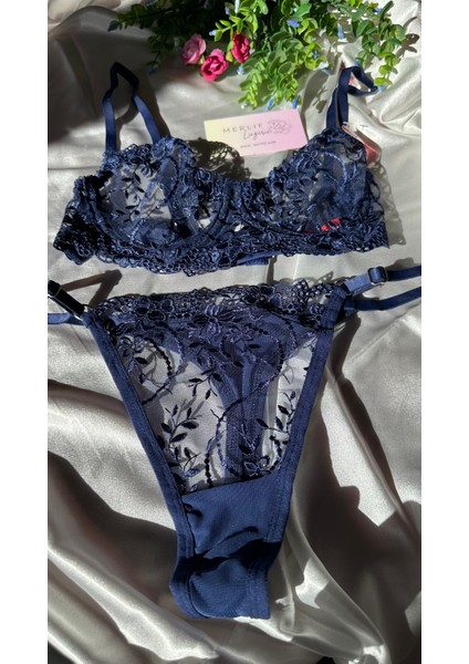 Lacivert Koyu Mavi Büyük Beden Dantelli Brode Iç Çamaşır Takımı Bralette (Balenli Sütyen &tanga) modelleri