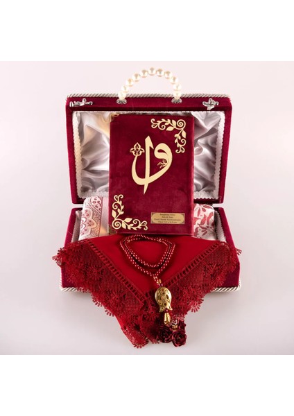 Boncuklu Kutu Çeyizlik, Şal + Seccade + Tesbih + Kuran Hediye Seti (Orta B. Kadife, Bordo) fiyatları