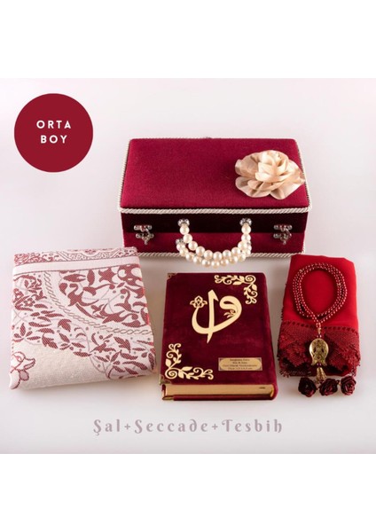 Boncuklu Kutu Çeyizlik, Şal + Seccade + Tesbih + Kuran Hediye Seti (Orta B. Kadife, Bordo)