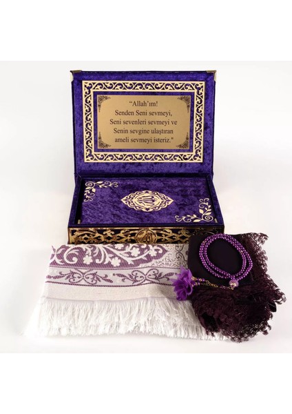 Şal + Seccade + Tesbih + Kuran Hediye Seti (Orta B. Şems Lafzatullah Gold Pleksi Raşel Kutu, Mor) fiyatları