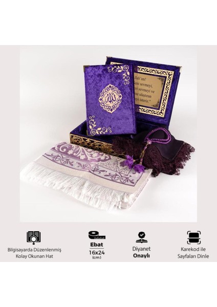 Şal + Seccade + Tesbih + Kuran Hediye Seti (Orta B. Şems Lafzatullah Gold Pleksi Raşel Kutu, Mor) modelleri