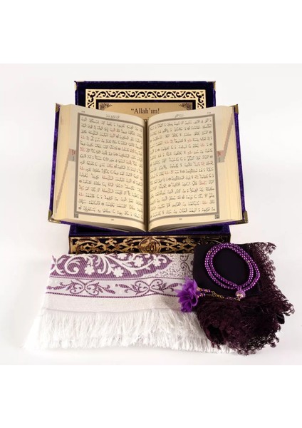 Şal + Seccade + Tesbih + Kuran Hediye Seti (Orta B. Şems Lafzatullah Gold Pleksi Raşel Kutu, Mor) fırsatları