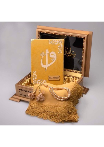 Şal Tesbih Kuran Hediye Seti (Hafız Boy, Ahşap Kutulu, Kadife, Gold) modelleri