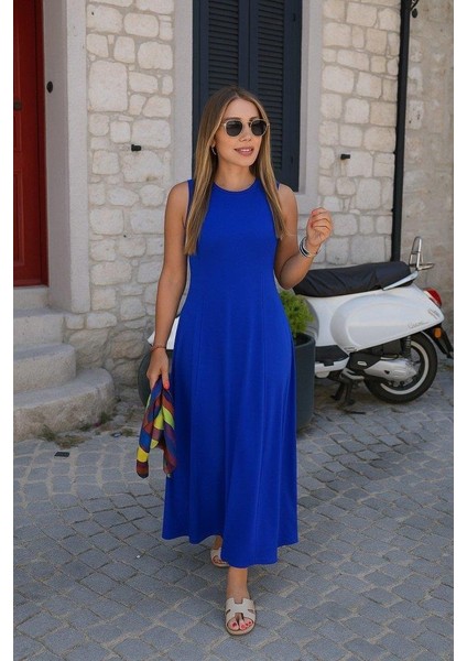 Kadın Sıfır Kollu Bisiklet Yaka Viskon Elbise