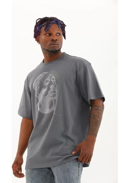 Unisex Oversize Taşlı Bisiklet Yaka T-Shirt - Füme modelleri