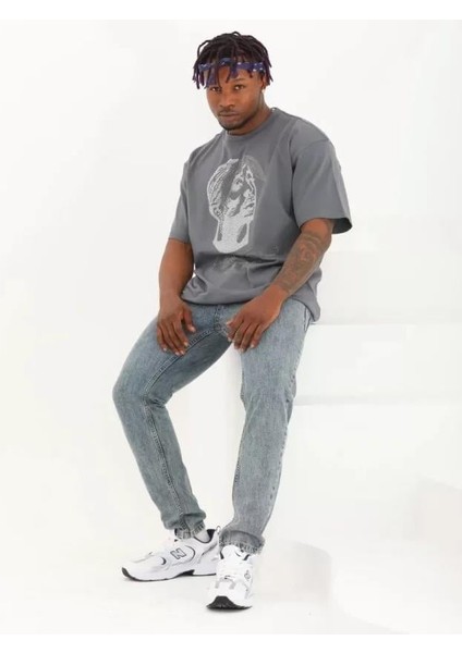 Unisex Oversize Taşlı Bisiklet Yaka T-Shirt - Füme fırsatları