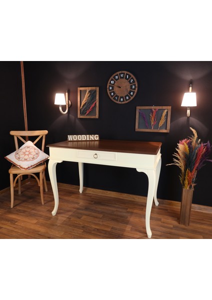 120 cm Çekmeceli Masif Krem Ceviz Çalışma Masası