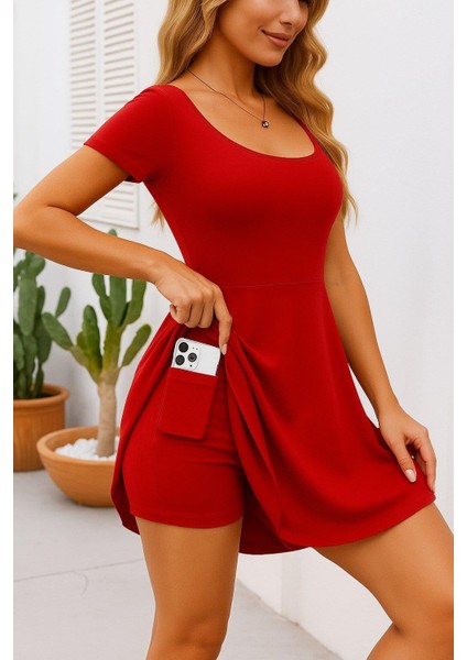 Kadın Kısa Kollu Kare Yaka Short Detaylı Cepli Dalgıç Elbise