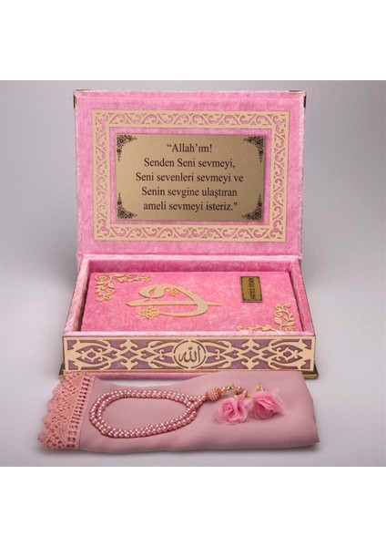 Şal + Tesbih + Kuran Hediye Seti (Orta Boy, Bebe Pembe, Gold Pleksi)