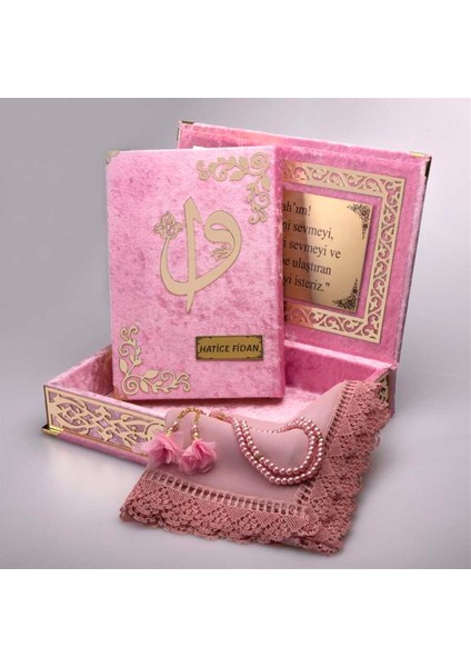 Şal + Tesbih + Kuran Hediye Seti (Orta Boy, Bebe Pembe, Gold Pleksi) modelleri