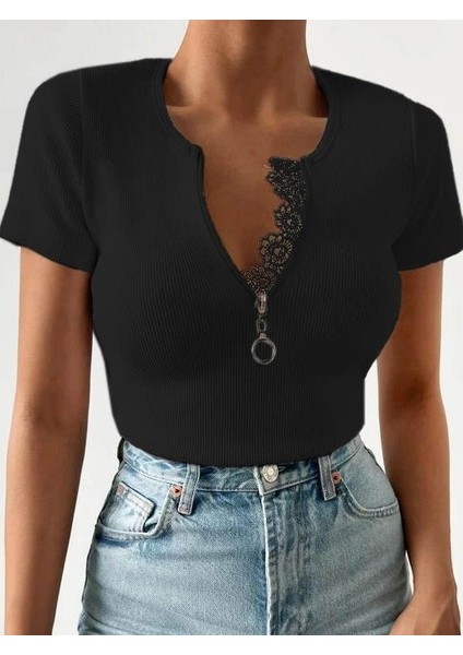 Kadın Beyaz Yaka Dantel ve Fermuarlı Kaşkorse Bluz fiyatları