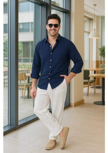 Erkek Uzun Kollu Regular Sofya Keten Gömlek modelleri