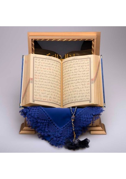 Şal Tesbih Kuran Hediye Seti (Hafız Boy, Ahşap Kutulu, Kadife, Lacivert)
