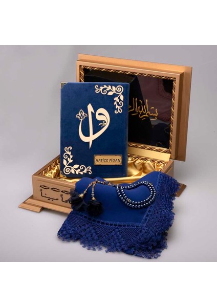 Şal Tesbih Kuran Hediye Seti (Hafız Boy, Ahşap Kutulu, Kadife, Lacivert) modelleri