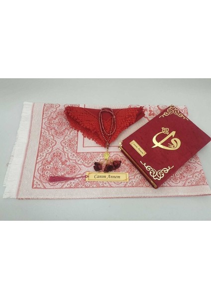 Bordo Hediye Kuranı Kerim Seti Örtü Tespih Seccade Ayraç