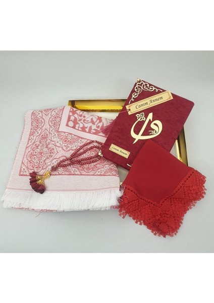 Bordo Hediye Kuranı Kerim Seti Örtü Tespih Seccade Ayraç fiyatları