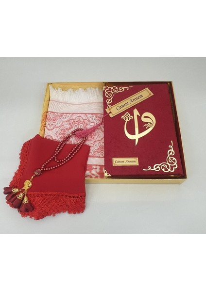 Bordo Hediye Kuranı Kerim Seti Örtü Tespih Seccade Ayraç modelleri