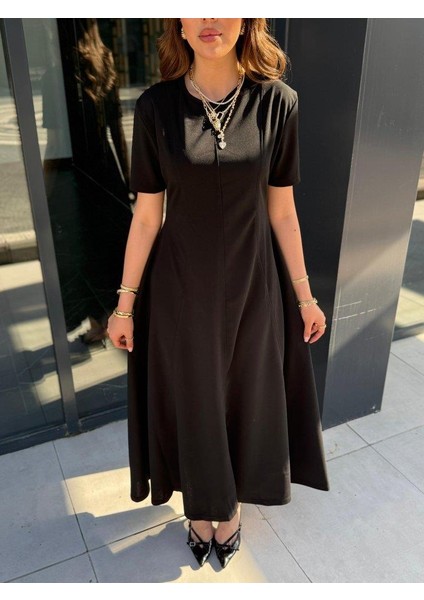 Kadın Kısa Kollu Bisiklet Yaka Maksi Boy Ithal Krep Elbise modelleri
