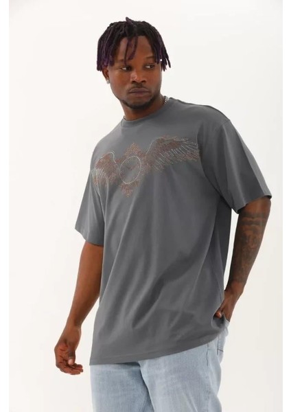 Unisex Oversize Taşlı Bisiklet Yaka T-Shirt - Füme modelleri