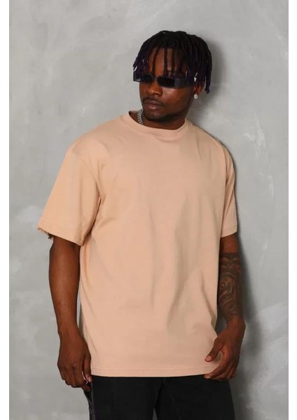 Unisex Oversize Düz Bisiklet Yaka T-Shirt - Bej modelleri