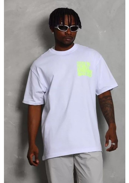 Unisex Oversize Baskılı Bisiklet Yaka T-Shirt - Beyaz