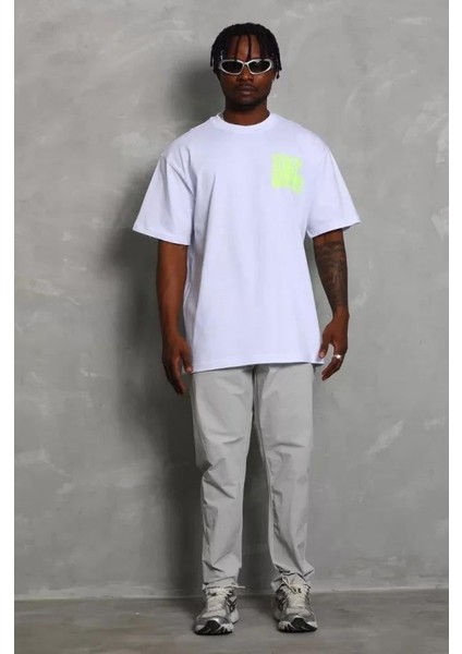 Unisex Oversize Baskılı Bisiklet Yaka T-Shirt - Beyaz fiyatları